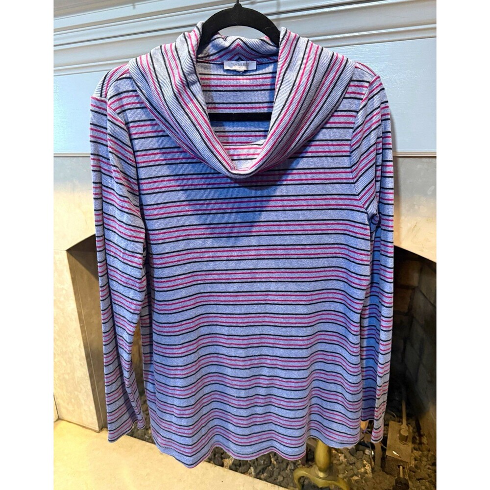 Talbots Womens XL Blue Pink Black Striped Cowl Neck Knit Pullover Sweater
